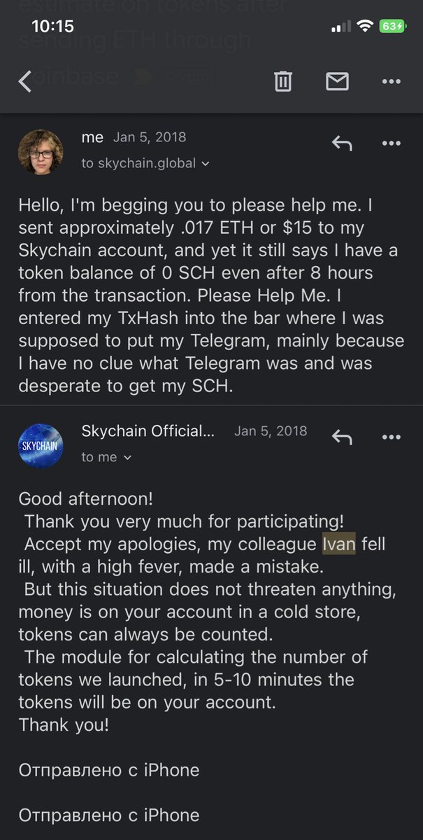 JulianKrypto's tweet photo. Did I buy into one of the earliest rugpulls? $SKCH Skychain Global. Here’s our email conversation from 2018. I hope Ivan feels better. #Cryptocurency #ftx https://t.co/vGqCroZIdw
