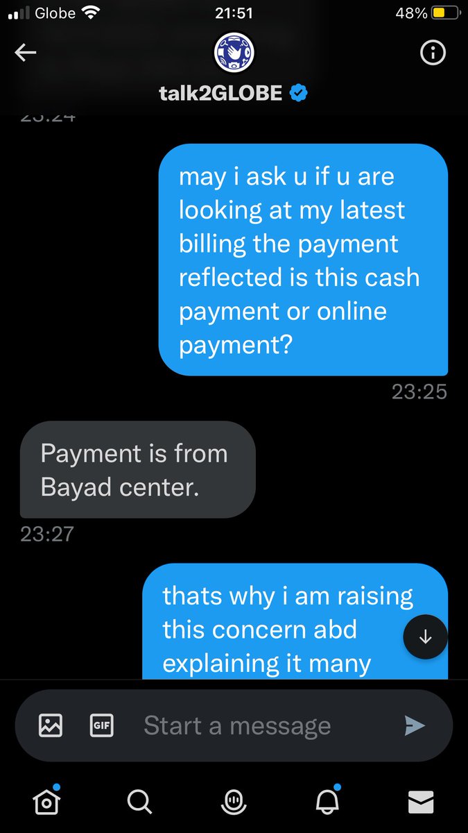 Arvaqs1's tweet photo. @talk2GLOBE This is one of the many conversations from your help care specialist that prove that the payment of my last billing statement which is now being altered is from bayad center.. https://t.co/GE2udG6g22