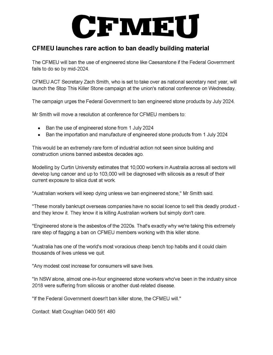 "If the Federal Government doesn't ban killer stone, the CFMEU will." Read our media release 👇 #ausunions #stopthiskillerstone #silicosis