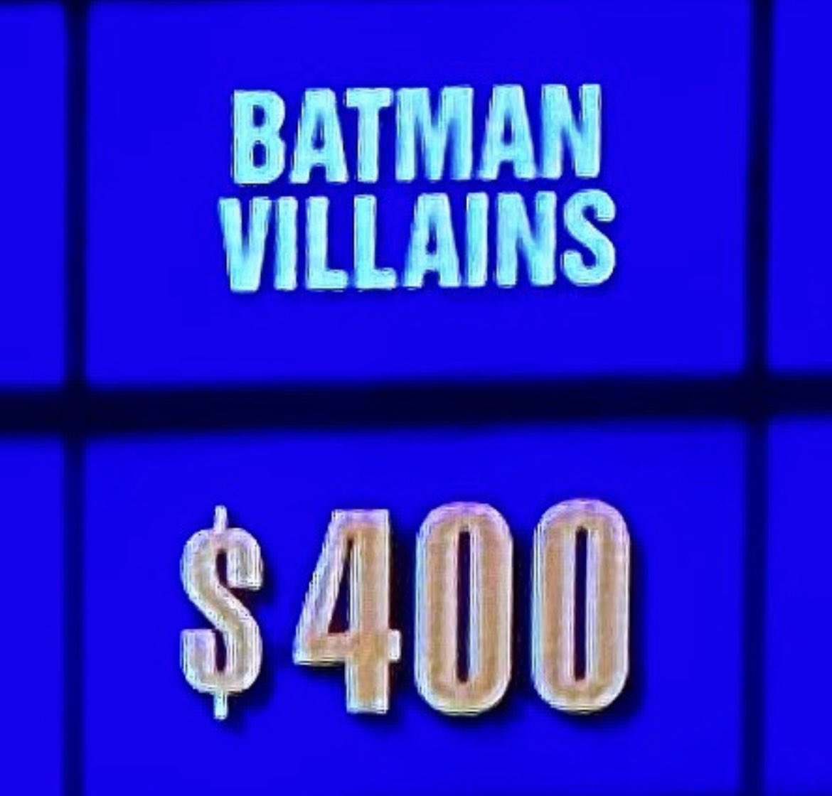 CoolComix's tweet photo. Guess who swept this Jeopardy category today?
#Jeopardy #Batman #comicbooktrivia #BatmanVillains @jeopardy @dccomics @batman https://t.co/zNn17q0GAs