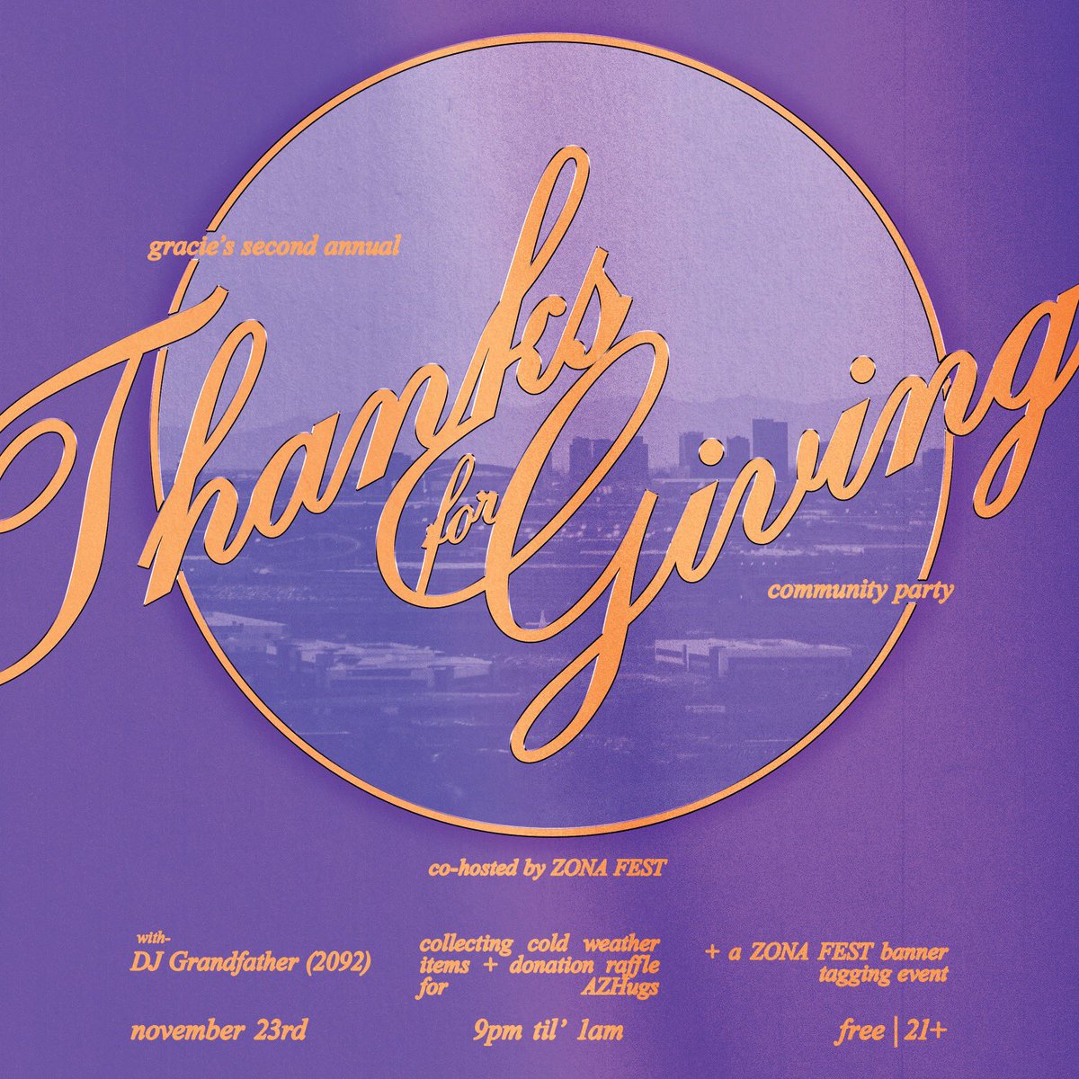 Friends! <a href="/graciestaxbar/">Gracie’s Tax Bar</a> is holding their annual Thanks For Giving community party tomorrow night and hosting a donation drive for <a href="/HugsAz/">AZ Hugs For the Houseless</a>! Come by tomorrow night, have a drink and spread the love ❤️