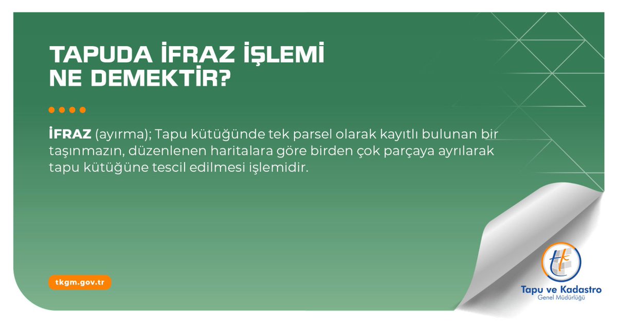 tkgmgovtr's tweet photo. #tkgm #tapuvekadastro #tapu #ifraz #tapukütüğü #kayıt #ayırma #tekparsel #taşınmaz #harita #parça #tescil https://t.co/59qEqhuahz