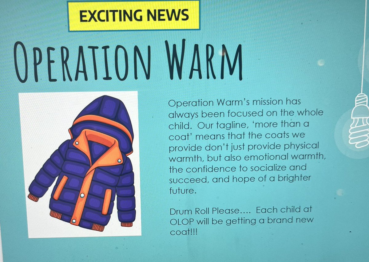 OLOPecsd's tweet photo. There are amazing things happening @olopecsd! On December 2nd, our staff and students will be welcoming Operation Warm and FedEx to OLOP.  They are gifting every student in our school with a new jacket! Our feelings of gratitude are immense. #olopstrong #ecsdfaithinspires https://t.co/QVyYF65wQi