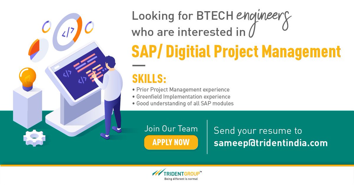 TridentGroupGLB's tweet photo. Trident Group is looking for #BTECHengineers who are efficient #DigitalProjectManagers & have expertise in #SAP can lead & manage projects from front.
If you feel you fit this, send your resume to sameep@tridentindia.com.
Alternately, apply here:
https://t.co/SvQR2ke4iO
#hiring https://t.co/O68KK2fHOz