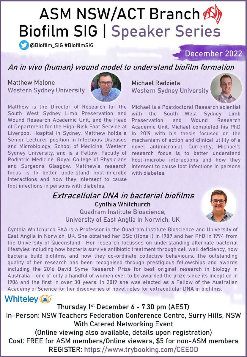 The #BiofilmSIG December Speaker Series session is ~1 week away!

Pls register your attendance (online/in-person) by Tuesday 29th Nov’22 
👉🏽 trybooking.com/CEEOD

We thank our generous sponsor @WhiteleyCorp for supporting this event and our SIG ✨