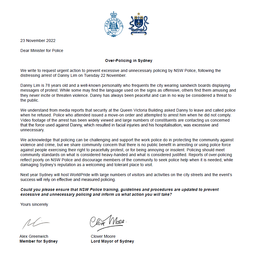 @AlexGreenwich and I have written to the Minister for Police <a href="/PaulTooleMP/">Paul Toole MP</a>  asking for a review of the brutal arrest of Sydney personality Danny Lim. bit.ly/DannyLim