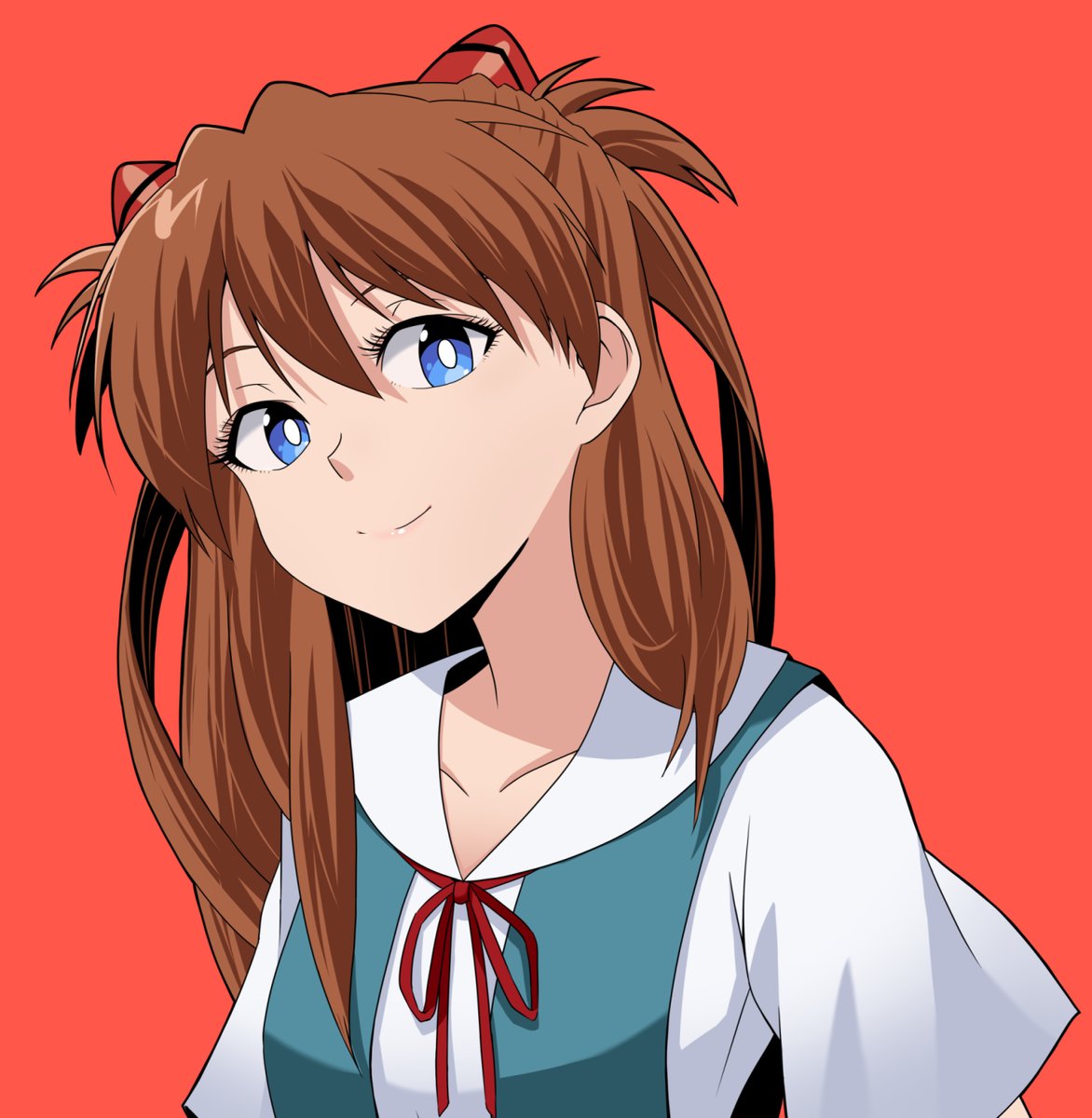 souryuu asuka langley 1girl solo blue eyes red background school uniform smile long hair  illustration images