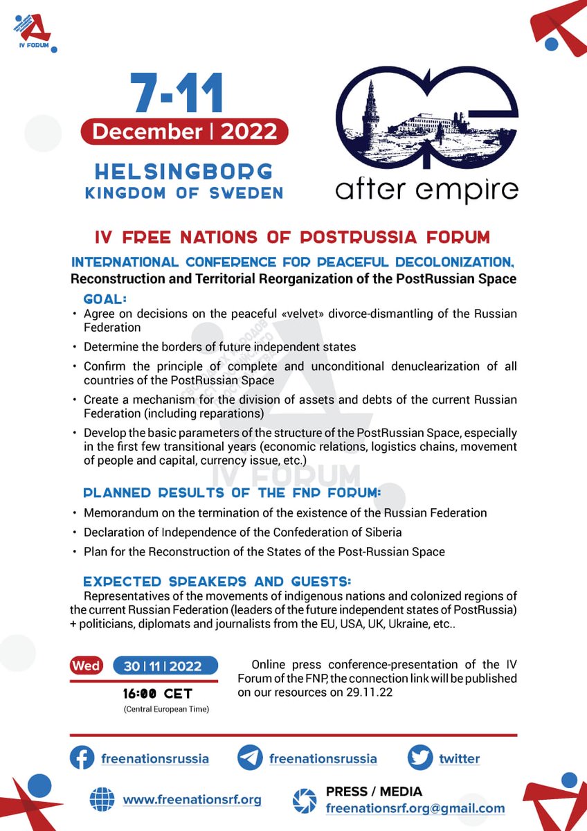 NBouvier83's tweet photo. Free Nations of Russia Forum: Le IVe Forum des Nations Libres de Russie se tiendra du 7 au 11 décembre 2022 à Helsingborg, Suède #RussiaDisintegration #CollapseRussia #PostRussia #StopRussiaNOW #Kalmykia #FreeKalmykia #CollapseRussia #Ukraine #UkraineRussiaWar️ @frog_of_war @LCI https://t.co/X6TmYGRQvc