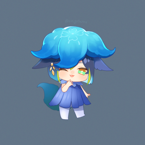 one eye closed solo chibi green eyes 1boy blue hair tail  illustration images
