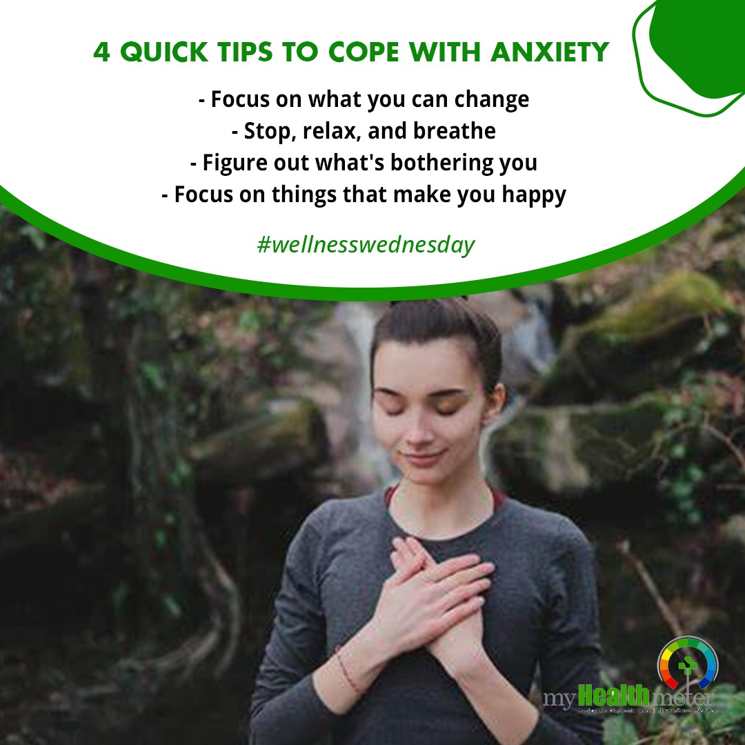 Wellness Wednesday - 4 Quick Tips to Cope with Anxiety -  #stressless #anxiety #relax #mentalhealthmatters #emotionalwellness #emotionalwellbeing #mentalwellbeing #stress #wellbeing #healthgoals #healthcare #healthandwellness #myhealthmeter #diagnostics #annualthealthcheckup