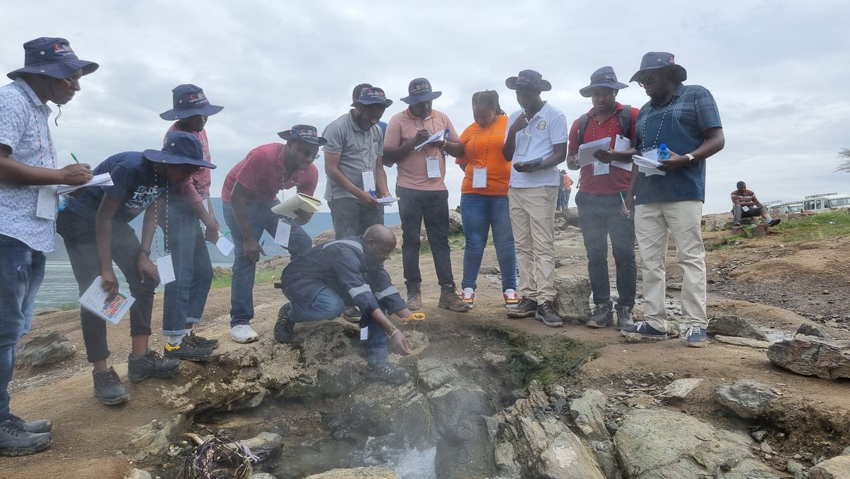 GDCKenya's tweet photo. GDC Geochemist, Lawrence Ranka (Centre) demonstrates to participants how to take temperature readings and collect samples from a hot spring at the shore of Lake Bogoria in Baringo County. #GROGTPShortCourseVI https://t.co/NunFREtpV8