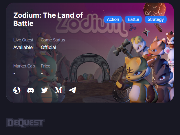 zodium's tweet photo. ⚔️Zodians!⚔️
We are here with the GOOD news! 🥳

"The Land of Battle" is now on @Dequest_io game platform! You can now access Zodium's game through DeQuest!

🔗: https://t.co/ja3Ic9I9j3

Please show your love and support for both Zodium and DeQuest.

#GameFi #Zodium #DeQuest https://t.co/JyFYfM1HeX