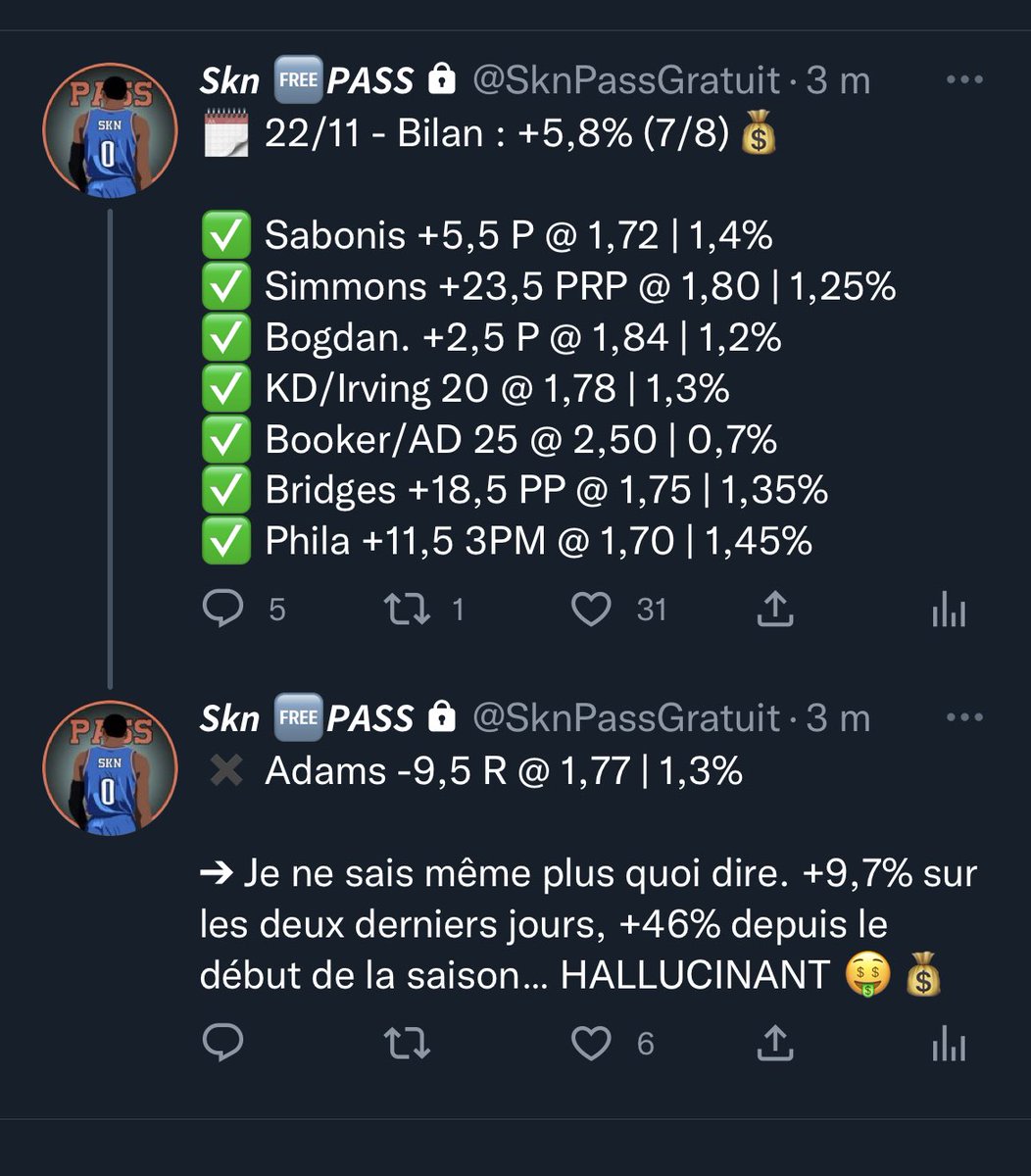 SknurtBetting's tweet photo. ALERTE 7/8 @SknPassGratuit 🤑⬇️

+9,6% (13/16) sur les 2 derniers jours.✅
+46% depuis la reprise le 18 octobre.✅
Bilan à jour 24/7, transparence totale.✅

🎁 Pour fêter ça 2x10€ à gagner ici :

➔ RT♻️ + Follow @SknurtBetting 🤝

#TeamParieur #Concours #NBA https://t.co/ocIUgX2S2D