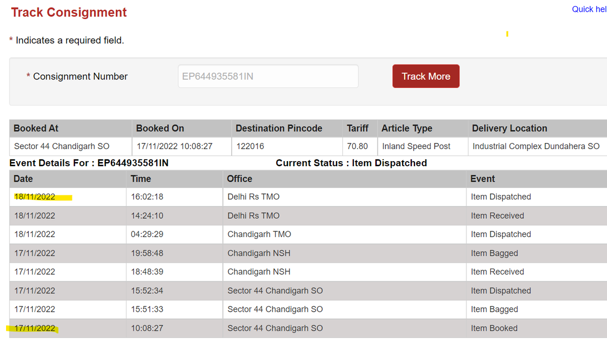 esumsoo's tweet photo. @pib_comm @IndiaPostOffice
 I sent a speed post from Chandigarh to Gurgaon on 17-11-2022. After 6 days, I can see tracking details updated till 18-11-2022 only and do not know if my courier is delivered yet or not. Can someone update?
U need to be more proactive. https://t.co/houUtdRP3y