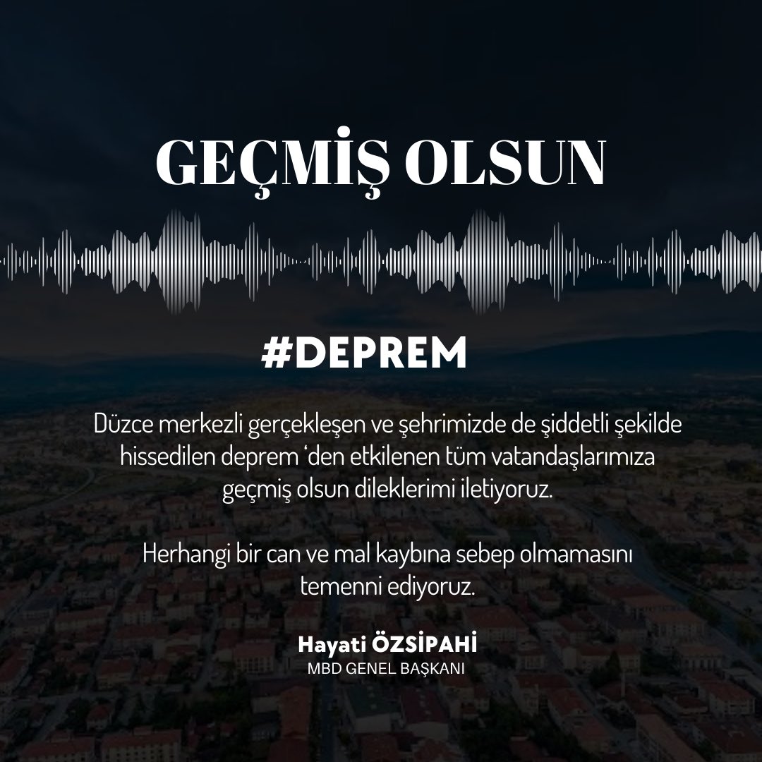 MBD_GM's tweet photo. Düzce merkezli gerçekleşen ve şehrimizde de şiddetli şekilde hissedilen #deprem ‘den etkilenen tüm vatandaşlarımıza geçmiş olsun dileklerimi iletiyoruz.

Herhangi bir can ve mal kaybına sebep olmamasını temenni ediyoruz. https://t.co/NgrvqmYWv4