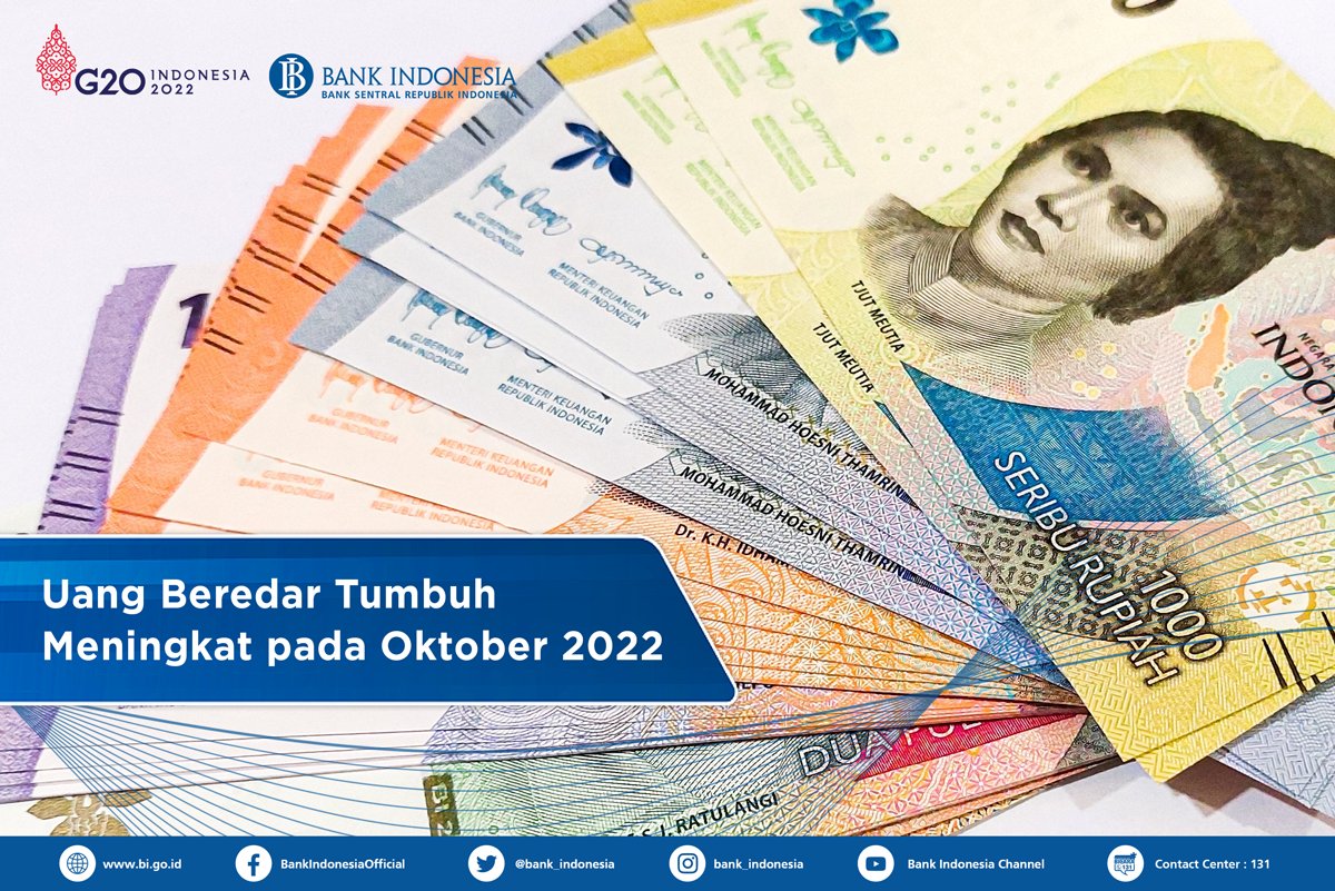 #SobatRupiah, likuiditas perekonomian atau uang beredar dalam arti luas (M2) pada Oktober 2022 tumbuh meningkat. Posisi M2 pada Oktober 2022 tercatat sebesar Rp8.222,2 triliun atau tumbuh 9,8% (yoy), setelah sebelumnya tumbuh sebesar 9,1% (yoy) pada September 2022. #BInfo