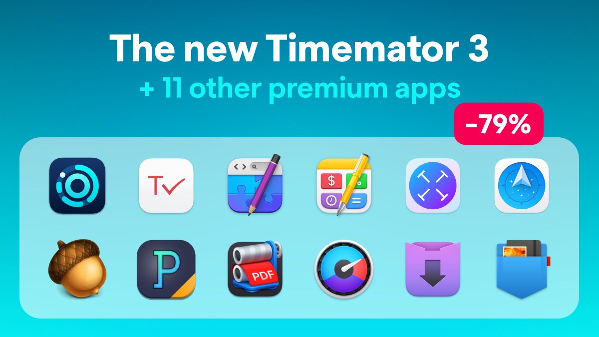 2-in-1: The new Timemator 3 is out 🎉, and it is available in a bundle together with another 11 astonishing apps at a huge discount of 79%!

👉 bit.ly/pma-black-frid…

All these apps are also available separately for half the price. Happy Black Friday!