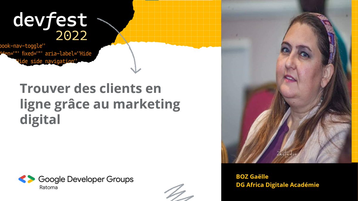 Retrouvez notre speaker N°2 <a href="/GaelleBoz/">Gaëlle Boz 🇬🇳🇫🇷</a>  de la 5iem édition du DevFest Conakry.
✅ Samedi 10 décembre 2022
✅ 9h à  16h 
✅ Lieu : Université Kofi Annan de Guinée
Inscription gratuite à travers ce lien : gdg.community.dev/e/mgz6g9/
#DevFest #DevFestConakry2022 #GDGRatoma