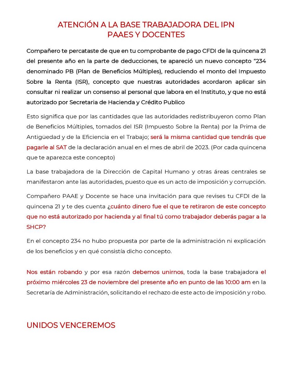 ipn_leaks's tweet photo. 🔥#INFORMEMOS Y DIVULGUEMOS! @IPN_MX Participa en la marcha!! 231122 a las 10:00 frente a la @ipn_sad @mendoza_ruben La administración del @IPN_MX @ArturoReyesS_ Inventa y aplica un nuevo descuento a los trabajadores del #IPN. Descuento fuera de La Ley y sin que medie, decreto o https://t.co/jpzw7yejtM