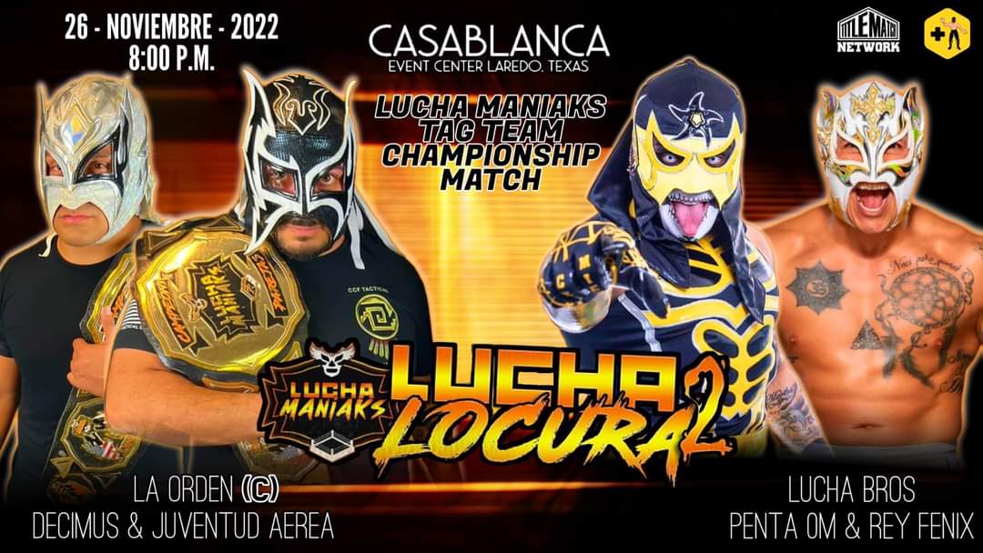 Juventuda_Aerea's tweet photo. Lucha por los Campeonatos de pareja de @LuchaManiaksTX 

La Orden (Decimus y Juventud Aerea) vs Lucha Brothers (Penta 0M y Fenix)

#laredo #Texas #luchalibre #luchamaniaks https://t.co/adkxSvTAMA