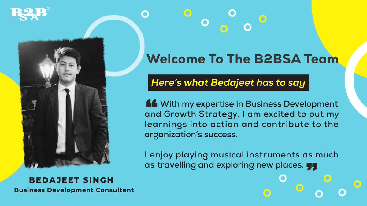 🥁We have a new teammate! 🥳

Team #B2BSalesArrow is delighted to welcome Bedajeet Singh as he takes on the role of a #BusinessDevelopmentConsultant.

Congratulations, Bedajeet! Best wishes for a successful journey with B2B Sales Arrow!

#WelcomeAboard #NewHire #NewTeammate