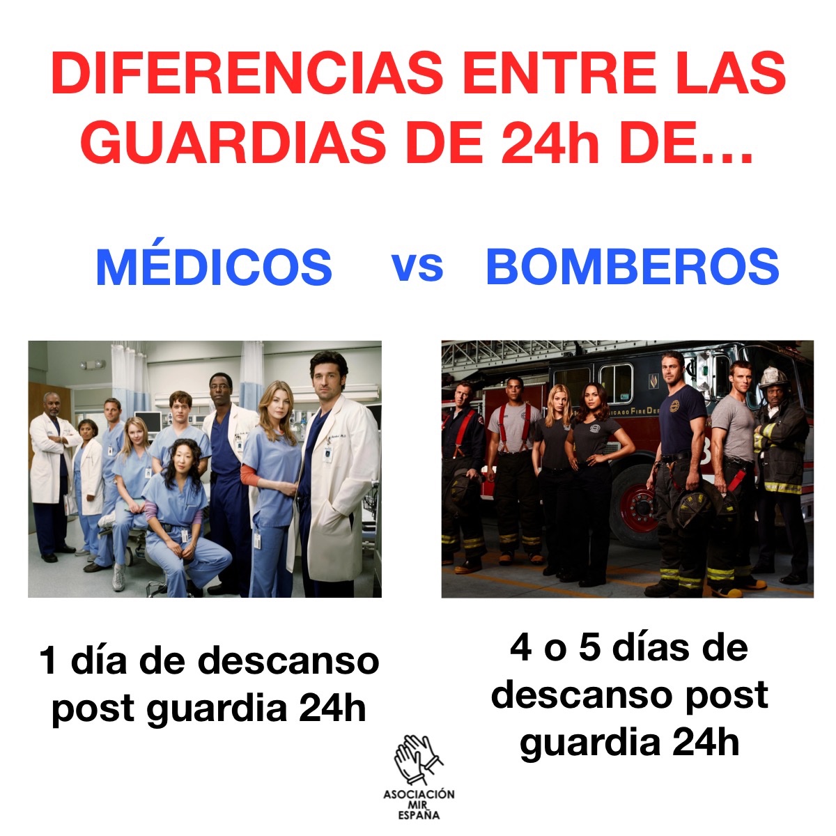 GUARDIAS MIR 24h

Hay 2 opciones:

1. O se dan 4-5 días de descanso después de trabajar 24h sin parar a los médicos residentes como a los bomberos.