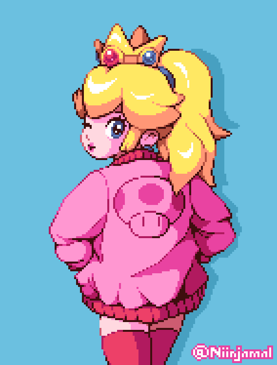 princess peach 1girl solo blonde hair thighhighs crown ponytail blue eyes  illustration images