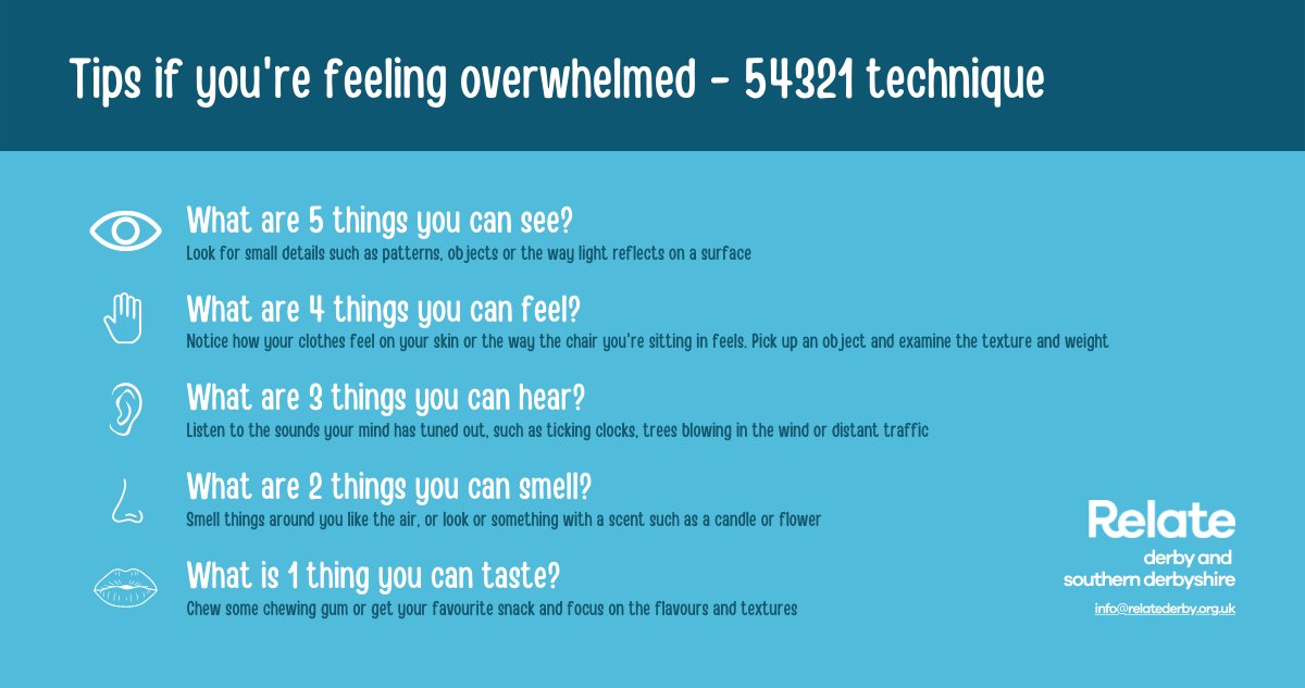 Feeling overwhelmed? It's normal to feel overwhelmed and anxious at times, that's why it's important to have a good grounding technique sorted. Follow the 54321 technique today! #mentalhealth