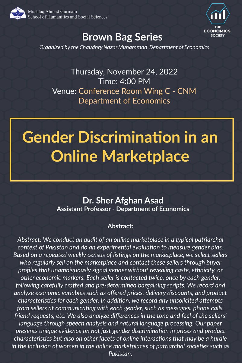 sherafghan_asad's tweet photo. Excited to be presenting our work on gender discrimination in an online marketplace of Pakistan for the first time. Looking forward to feedback from @EconomicsLUMS https://t.co/5R5ZTOkGJo