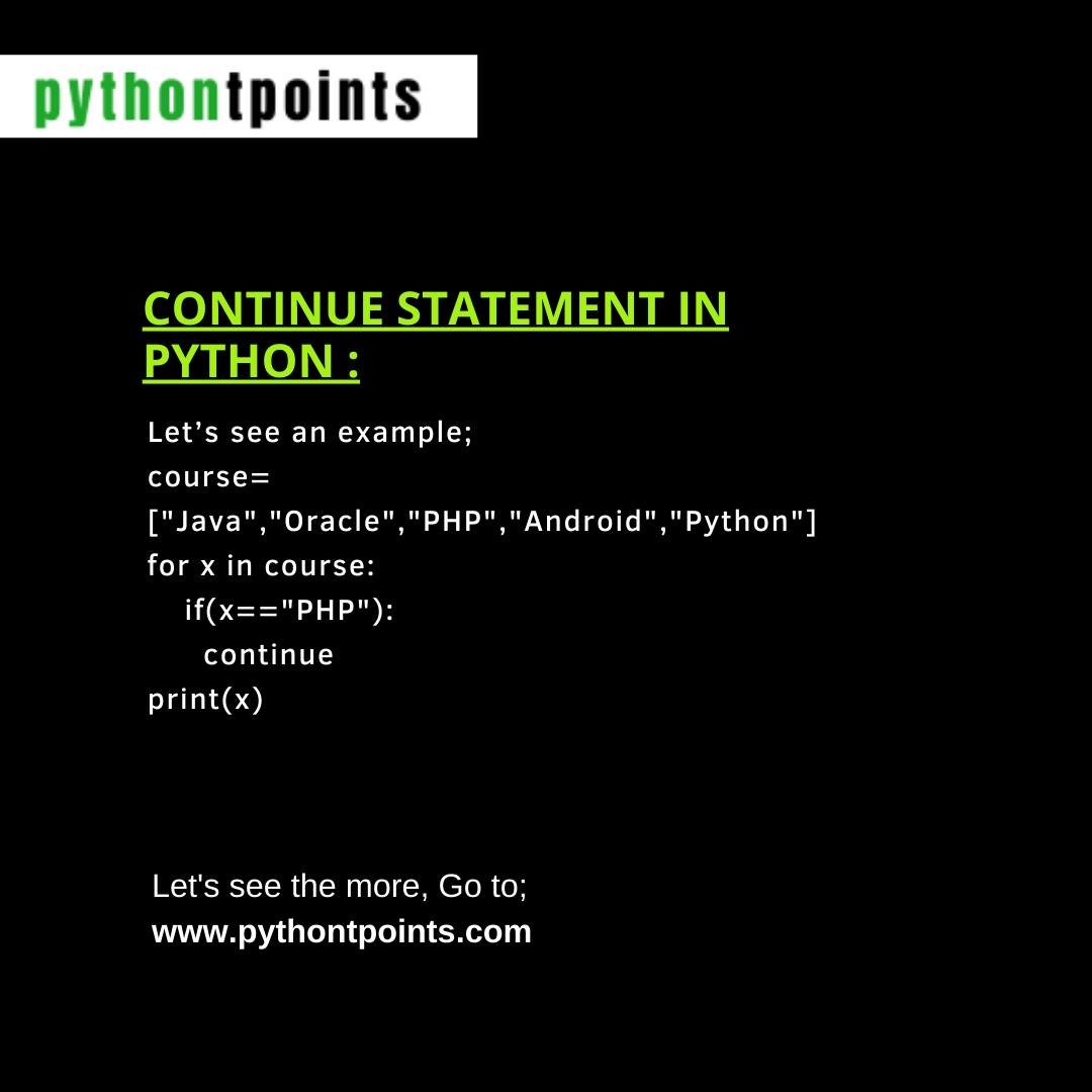 pythontpoint's tweet photo. Learn more about continue statement in python with https://t.co/aky86yGYuO
#learning #learnfree #educatewithus #learnpythonfree #pythontpoints #SoftwareCourses #eduactionalpost #education #educational #freetutorial #educate #ProgramForAll #programmer #post #mltutorial https://t.co/cNL9szXO3Y