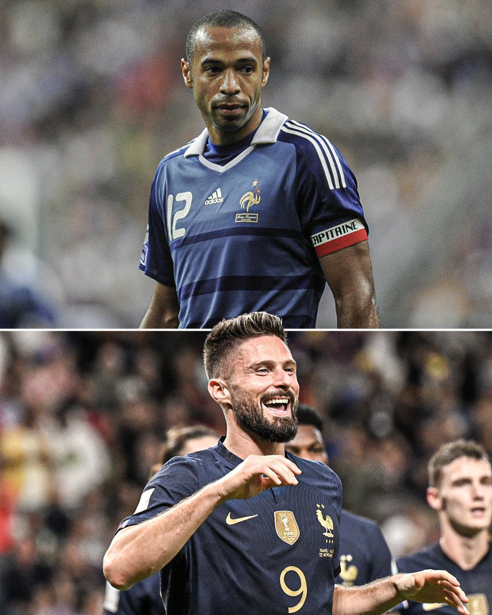 FootyFitted's tweet photo. After yesterday’s brace, Olivier Giroud (51) is now level with Thierry Henry (51) as France 🇫🇷 all-time goal scorer!

#Qatar2022 || #FIFAWorldCup https://t.co/WiheYO1wWj