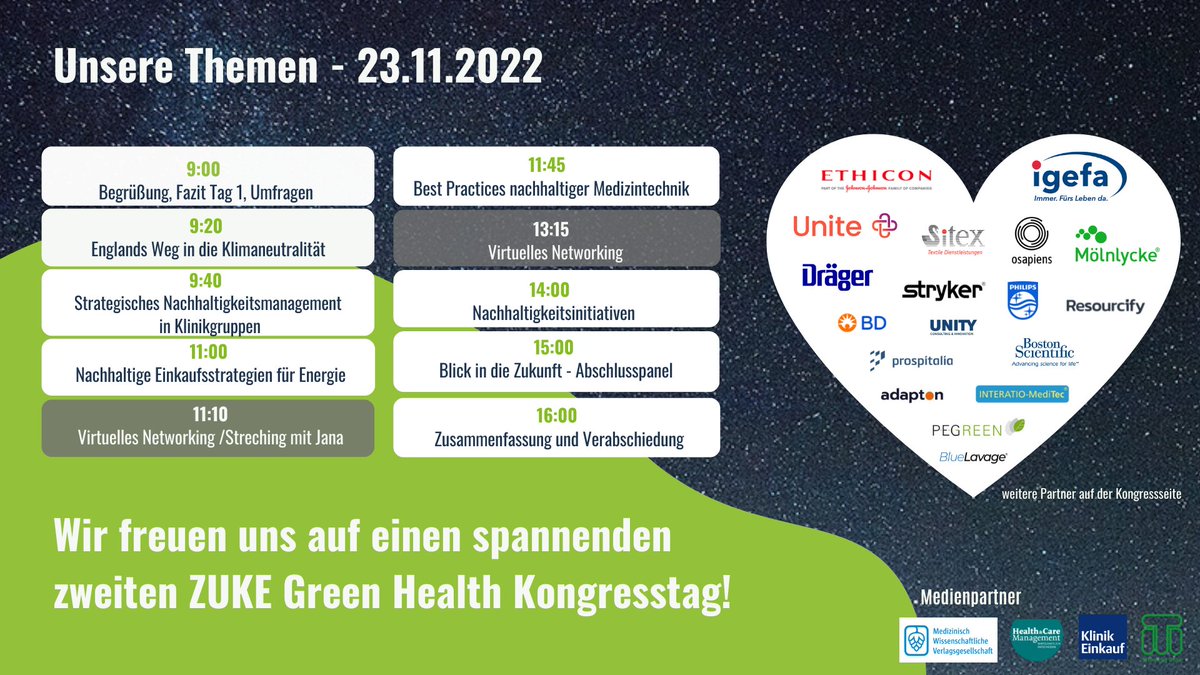 Gleich startet der zweite Tag des ZUKE Green Health Kongresses. Das sind unsere Themen... 

Danke unseren Medienpartnern: <a href="/MWVberlin/">MWVberlin</a> <a href="/hcm_magazin/">hcm-magazin</a> <a href="/klinik_einkauf/">Klinik Einkauf</a> 

#ZGHK22 #Nachhaltgkeit #Krankenhaus #GreenHospital #SustainableHospital #zukegreen
