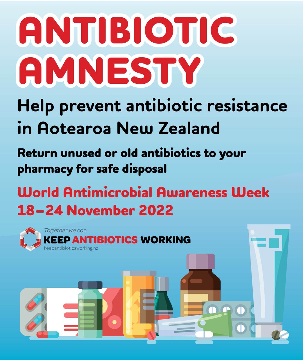 PSNZ (@pharmsocnz) on Twitter photo It's World Antimicrobial Awareness Week! Pharmacies around Aotearoa New Zealand are working hard to raise awareness about the threat of antimicrobial resistance by promoting an Antibiotic Amnesty to help teach everyone about appropriate disposal of old/unused antibiotics. It's World Antimicrobial Awareness Week! Pharmacies around Aotearoa New Zealand are working hard to raise awareness about the threat of antimicrobial resistance by promoting an Antibiotic Amnesty to help teach everyone about appropriate disposal of old/unused antibiotics.