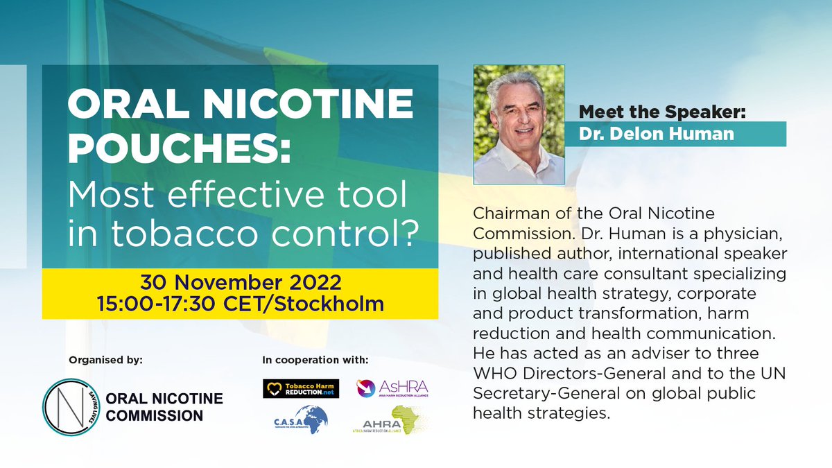 Tobaccoharmred1's tweet photo. Who is our moderator for the #oralnicotine event next week?
Meet @HumanDelon, Chairman of the Oral Nicotine Commission. Tune in to hear what he has to say about how snus saves lives in #Sweden 👏 https://t.co/epPgD5mk5W