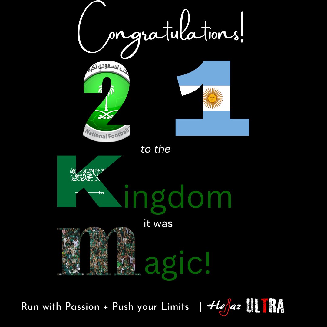 HejazUltra's tweet photo. Congratulations to the Kingdom of Saudi Arabia! It was Magic!
Thank you,Team!
....almost as fun and exhilarating as running Half Marathon.... https://t.co/n90WhzvcaI