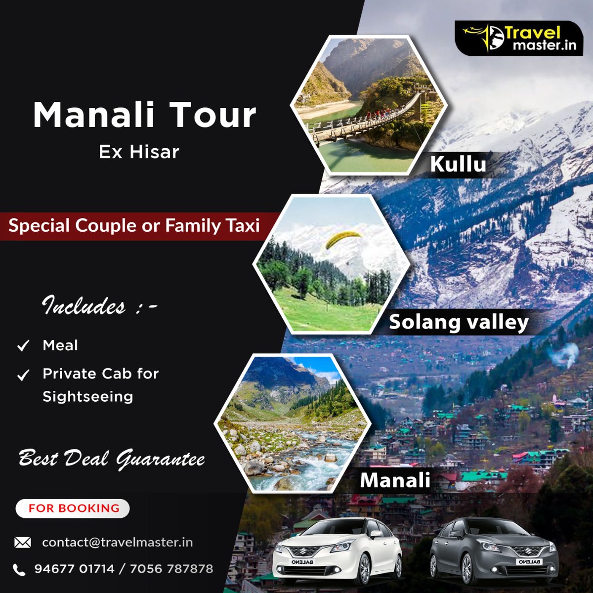 Manali Tour Package From Hisar 😍
✅ Hisar - Manali - Hisar Personal Car 
✅ Hotel Stay 
✅ Daily Breakfast 
✅ All Sightseeing 
✅ All Taxes 
For More Information : 
Contact : 91 7474 6464 | 7537 81 7537 | 88 0707 9494 
Email : Contact@Travelmaster.in
#manali #hisar #harayana