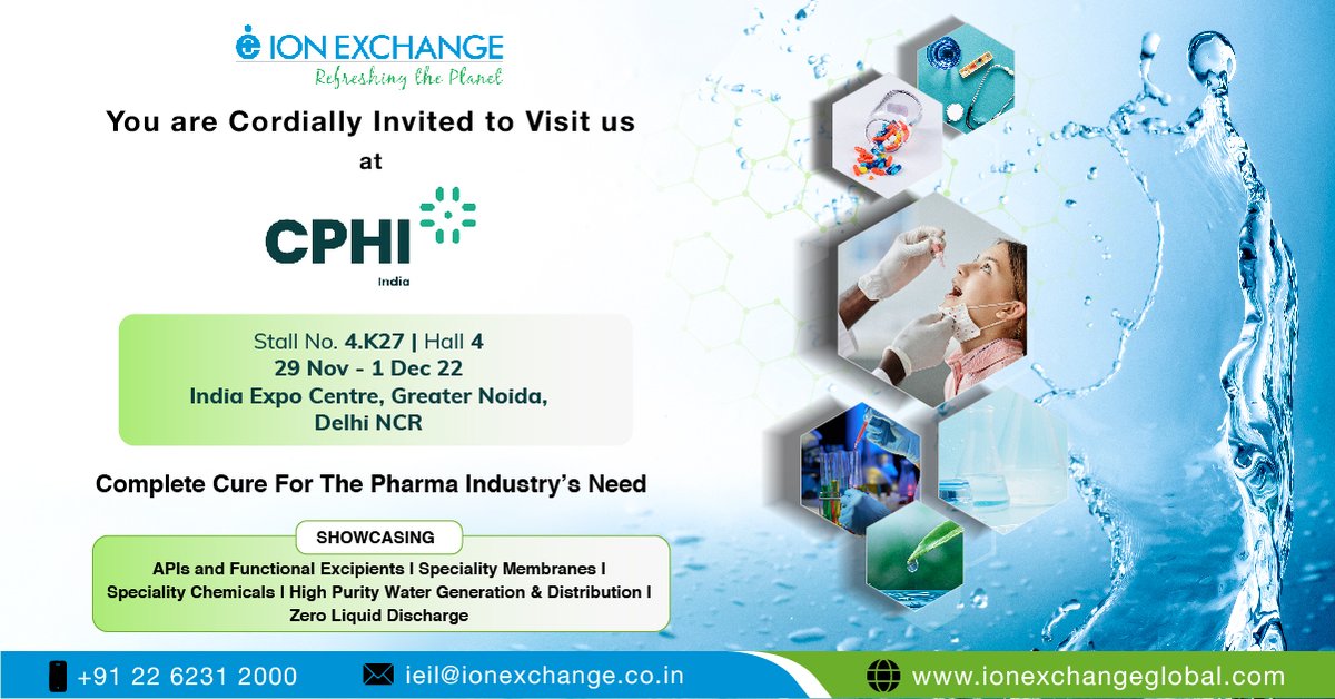 Meet us at #cphi2022 Noida and explore more about our wide range of products & solutions for #Pharma Industry's need. 
Complete cure for the #pharmaindustry's Need.

#pharmacy #apis & #FunctionalExcipients #SpecialityChemicals #Specialtymembranes #AcilyzerBipolarElectrodialysis