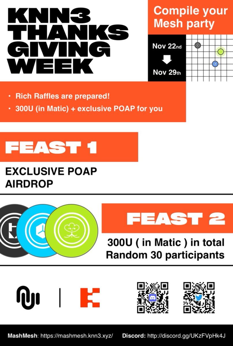 Knn3Network's tweet photo. 1/ ❤️𝐊𝐍𝐍𝟑 𝐓𝐇𝐀𝐍𝐊𝐒𝐆𝐈𝐕𝐈𝐍𝐆 𝐖𝐄𝐄𝐊❤️
💞Compile your Mesh party💃

🔸Rich Raffles are prepared!
💰💲300U(in Matic) + exclusive POAP🥳
📅 22nd,Nov - 29th, Nov
🚀MashMesh:https://t.co/EJs1GtiWKn

🔥 Let's go! 
#KNN3 #MashMesh #Thanskgiving #POAP #Airdrop #NFT #Giveaway https://t.co/3Osi0zOYhW