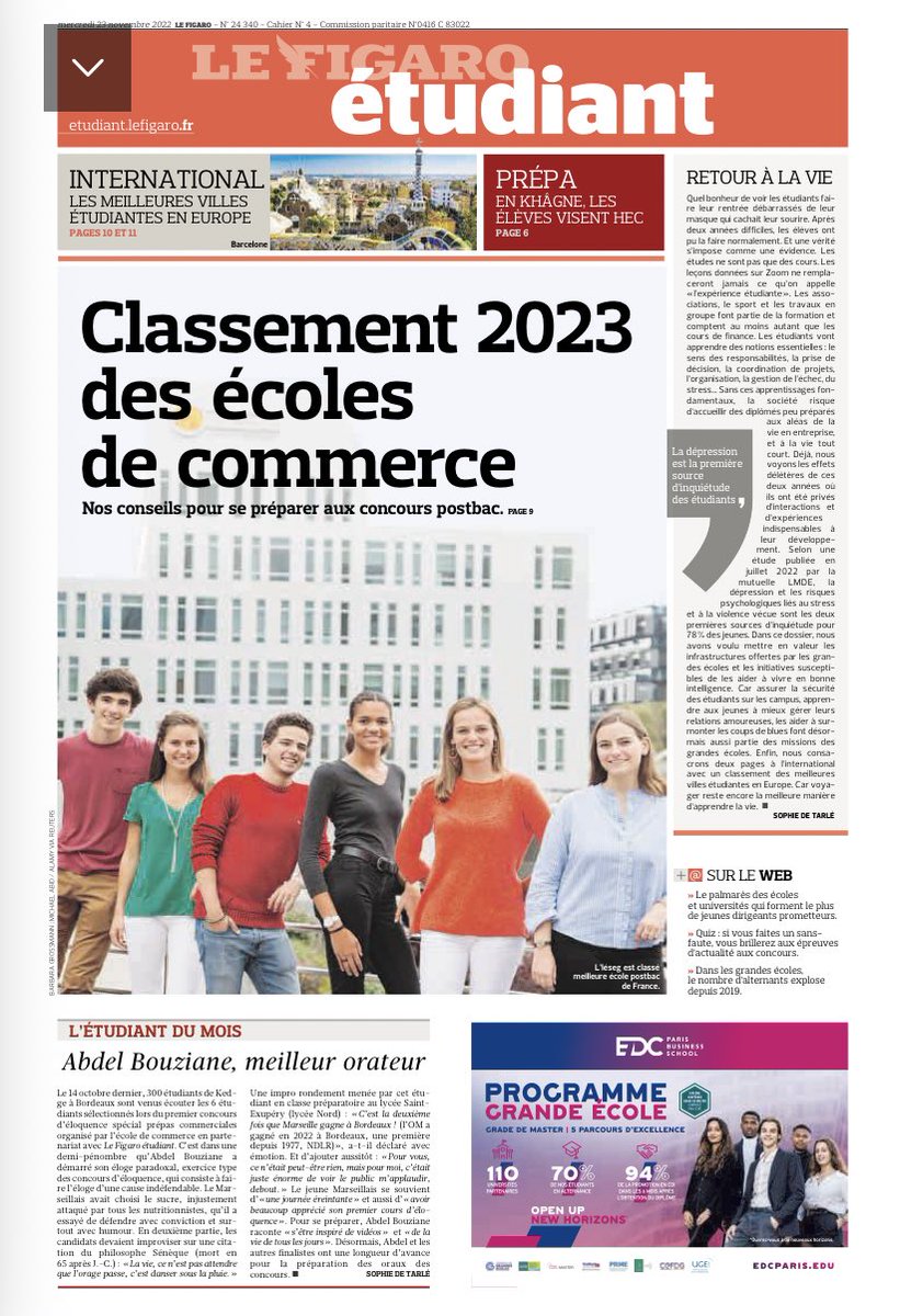 🥁Ça y est, il est en kiosque : Le @Figaro_Etudiant publie ce mercredi dans @Le_Figaro et sur son site internet le classement 2023 des écoles de commerce ! ⤵️