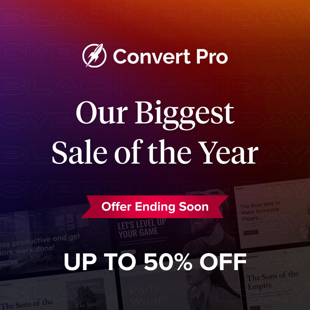 ConvertPro's tweet image. Up to 50% off Convert Pro plans this Black Friday and Cyber Monday – Time-limited offer! 🤩
Hurry up! ⏳
convertpro.net/pricing