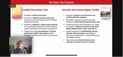 DCAF_Geneva's tweet photo. “Businesses are not neutral actors in #conflict situations, no matter how conscientiously they try.” Important insights from @VPSHR expert webinar on business in conflict, sharing tools on how to resolve challenges.  @ICRC 
#VoluntaryPrinciples #SecurityHumanRights https://t.co/yF95HyxLW2