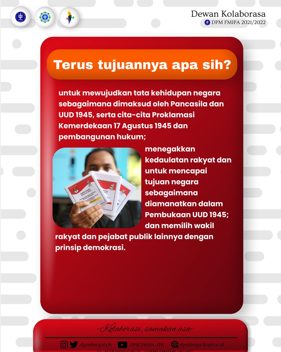 dpmfmipaipb's tweet photo. [SEKILAS LEGISLASI: PEMILU]

Halo KM FMIPA👋

Belakangan ini kita sering banget ya denger istilah Pemira, Pemilu, Penghitungan suara dll. Nah Kali ini kita akan membahas event 5 tahunan ini Legislativers✨.
Penasaran kann??? Yuk simak Sekilas Legislasi edisi kali ini https://t.co/ZDeJZuQNBq