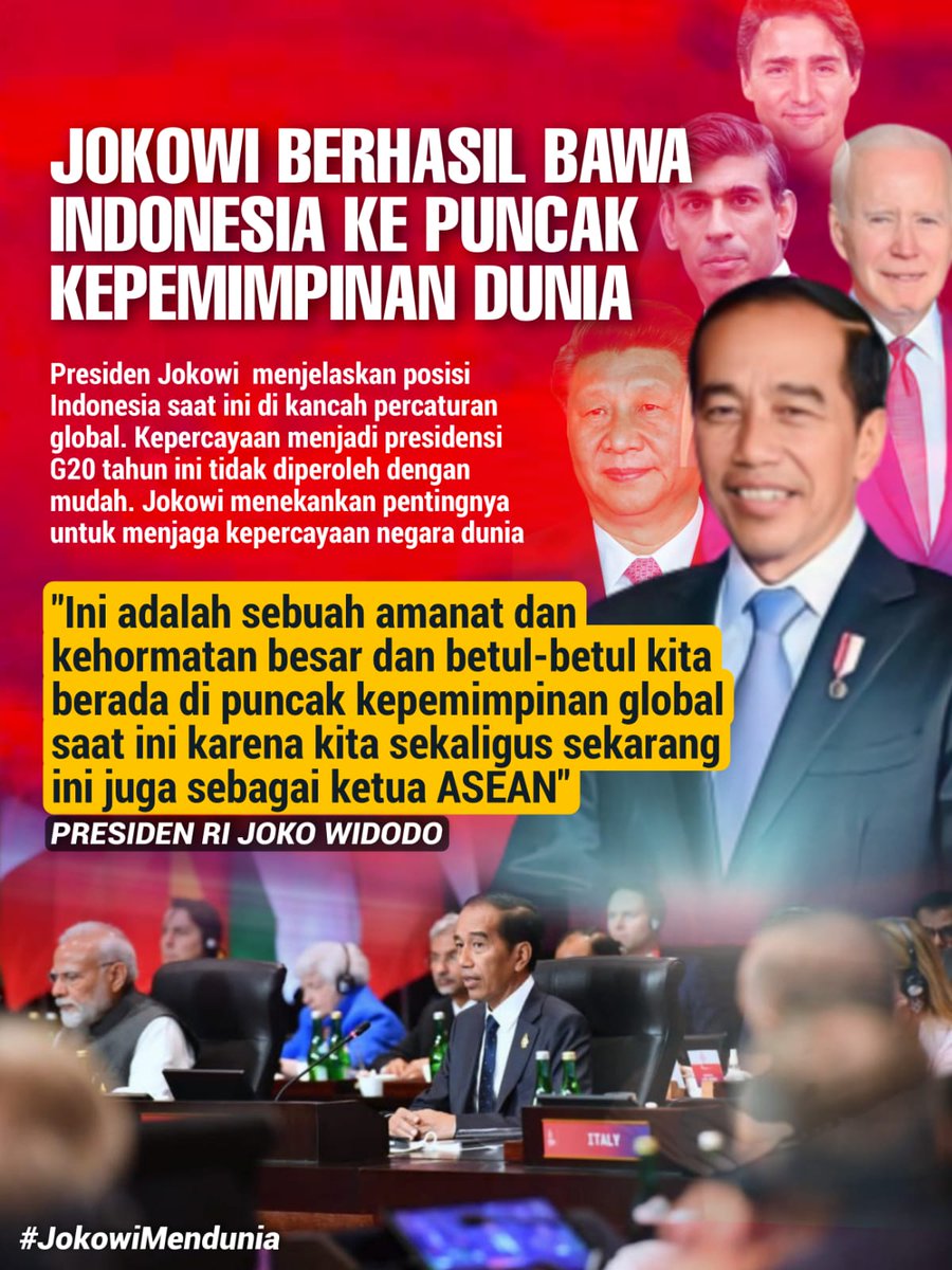 mericenah's tweet photo. Bangsa kita menjadi  salah satu negara yang memimpin dunia, sehingga itu Indonesia mampu mengelola event yang sangat luar biasa dan di hadiri oleh kepala negara, keberhasilan ini tdk lepas dari tangan pak @jokowi 
Jokowi Kepemimpinan Global
#IndonesiaMendunia
@tvOneNews @KompasTV https://t.co/AC3aZz37aY