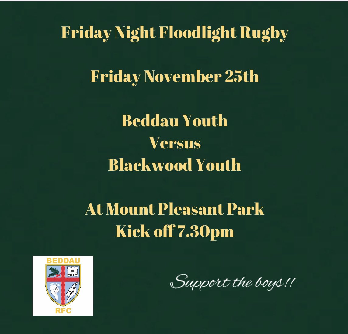 BeddauRFC's tweet photo. 🚨Fixture Alert
Friday Night Under The Lights!
Beddau Youth v @BlackwoodRugby Youth
Kick off 7.30pm
#supporttheboys #youngbeans https://t.co/JBtBVZwHnP