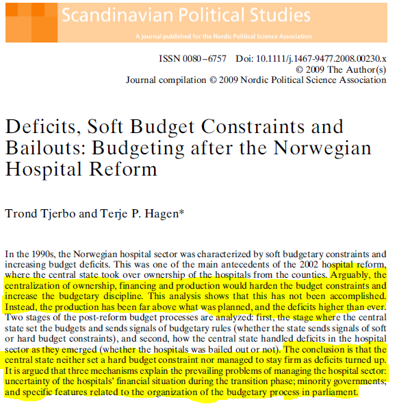 Tjerbon &amp; Hagenin (2009) tutkimus Norjan sairaaloiden rahoituksesta vuoden 2002 reformin jälkeen on ajankohtainen keskusteltaessa valtion tiukasta budjettikurista sote-rahoituksessa ja sen mahdollisesta pehmentymisestä käytännössä: onlinelibrary.wiley.com/doi/full/10.11…  
#sote #rahoitus 1/3