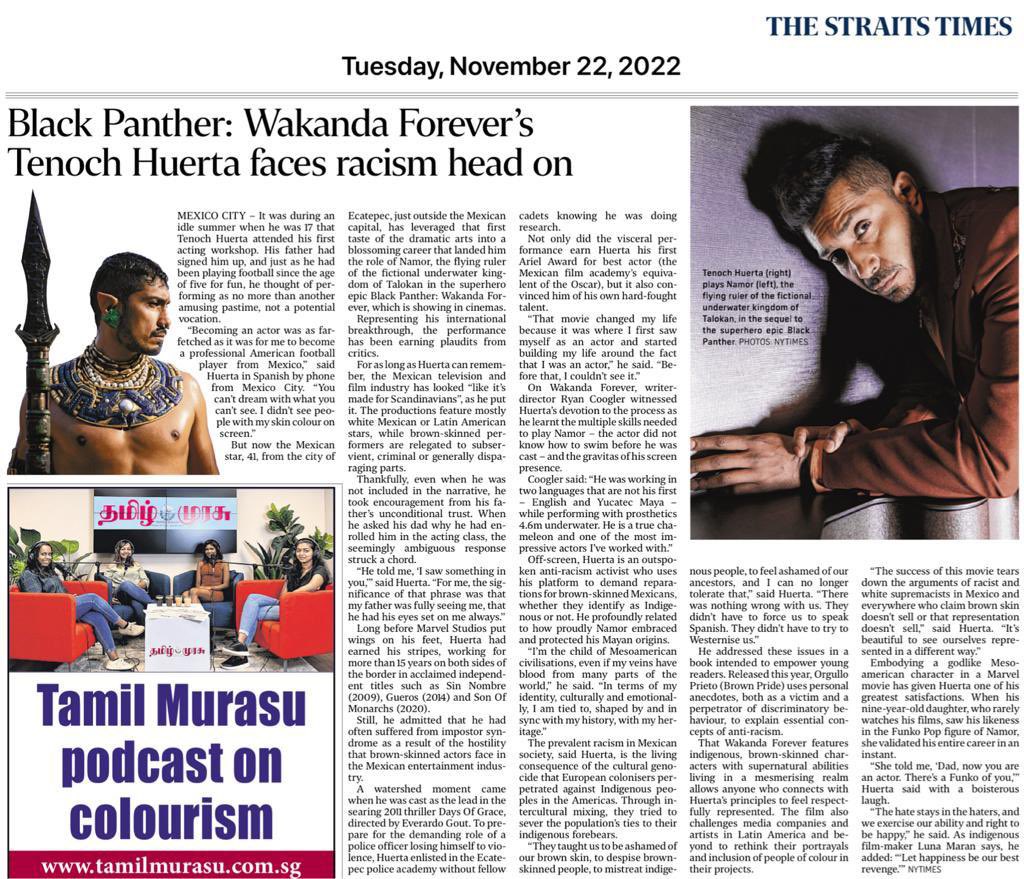 Amplia entrevista al actor mexicano <a href="/TenochHuerta/">Tenoch Huerta Mejía</a> en el principal diario de Singapur <a href="/straits_times/">The Straits Times</a>