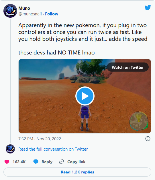yenjames16's tweet photo. Pokemon Scarlet/Violet Glitch Lets You Run Twice As Fast With Two Controllers

A bizarre glitch makes you run twice as fast in Pokemon Scarlet/Violet if you connect two controllers, but it's more complicated than it sounds.
#PokemonScarletViolet #Scarlet #ScarletViolet #Pokemon https://t.co/JDZjRMRAGN