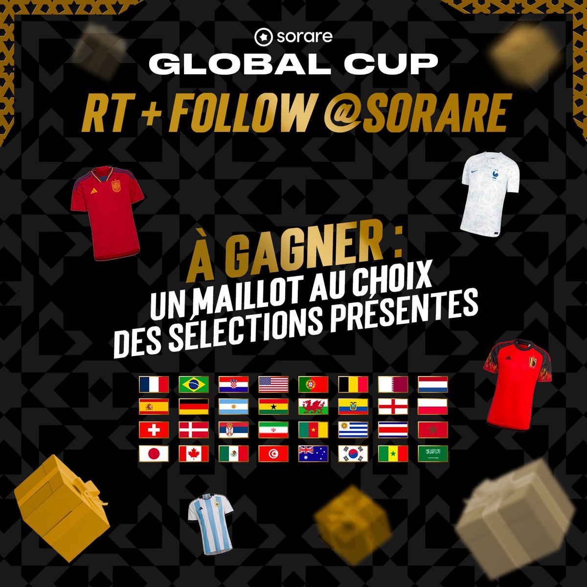 🚨 JEU CONCOURS 🚨

RT + FOLLOW <a href="/Sorare/">Sorare</a> pour tenter de remporter le maillot de la sélection de ton choix (parmi celles qui disputent le Mondial) ! 👕

Bonne chance à tous. 🍀🤞