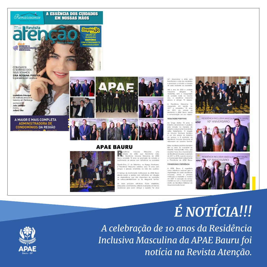 apaebauru's tweet image. É notícia! 📺📰

A celebração de 10 anos da Residência Inclusiva Masculina da APAE Bauru foi notícia na edição nº422 da Revista Atenção!
@revista_atencao

👉Leia!
revistaatencao.com.br

@apaebrasil

#apaebauru #apae #residênciainclusiva #setembroverde2022 #10anos