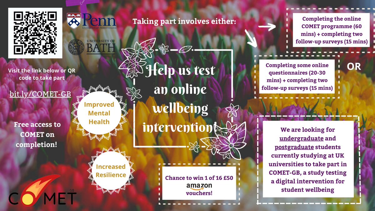 Increase your wellbeing and resilience by taking part in our study, COMET-GB! 🤩 Get free access to the intervention upon competition, and be in with the chance to win 1 of 16 £50 Amazon vouchers 💰 bit.ly/COMET-GB

#StudentLife #University #UniStudents #StudyGram